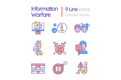 Information warfare RGB color icons set