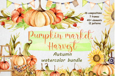 Pumpkin market. Harvest. Autumn watercolor bundle