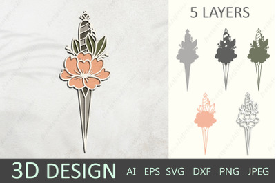 3d layered sword with flower svg, Floral dagger paper cut