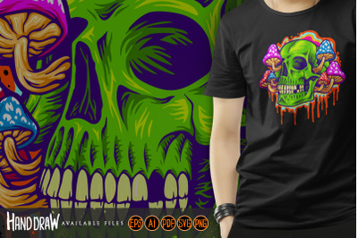 Psychedelic head skull with mushrooms illustrations