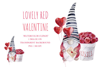 Valentine gnome watercolor clipart, Valentines day clipart