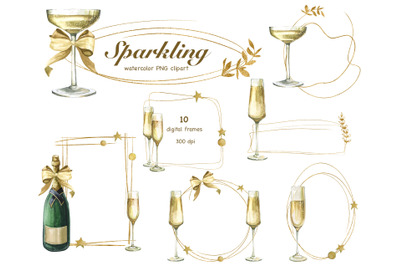 Watercolor champagne clipart, gold line and Champagne glass PNG. Gold