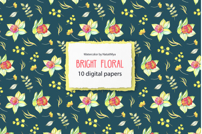 10 watercolor BRIGHT FLORAL digital papers