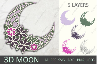 3d layered moon svg, Floral moon mandala papercut