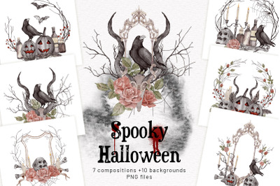 Halloween Spooky Autumn Watercolor Clipart Pumpkin Skull Bat Rose Leav