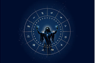 Fortune Teller and Zodiac Signs Inside Horoscope Circle Illustration