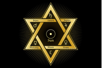Astrological Planet Symbols in The Hexagram Esoteric Illustration