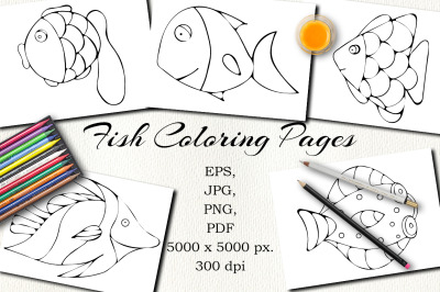 7 Coloring Pages For Kids. Fish Clipart Black and White.