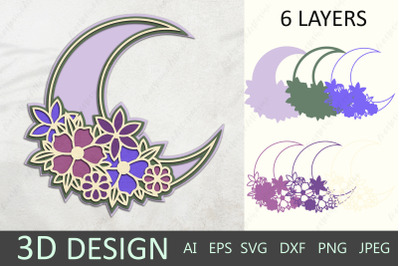 Floral moon mandala, 3d layered moon svg, Flower moon papercut