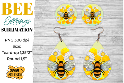 Bee Earrings Sublimation design. Teardrop and Round PNG