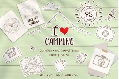Camping Outline clipart and patterns