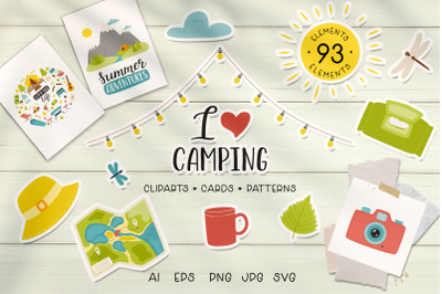Camping cartoon clipart and seamless patterns