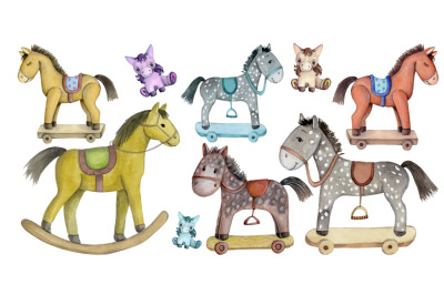 Set of cute toy horses. Watercolor illustrations.