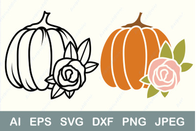 Floral pumpkin svg, Fall pumpkin with flowers clipart