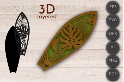 3D Layered SVG, Surf wall art, Surf sport Laser Cut File, leaves decor
