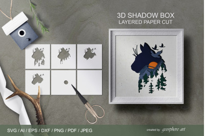 3D cat Shadow box. Layered papercut SVG &2F; DXF &2F; EPS &2F; AI