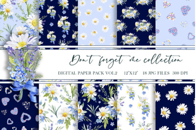 Flowers seamless pattern, daisy digital paper, forget me not