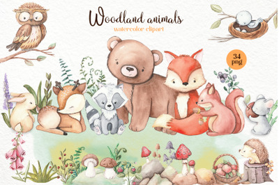 Watercolor clipart of forest animals. Cute forest clipart.