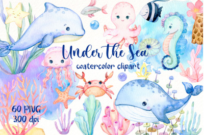 Under the Sea Watercolor clipart, Okean png, Nautical print.