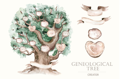 Green old oak trees Watercolor Genealogical Family tree creator