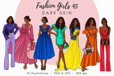 Fashion Girls 45 - Dark Skin Watercolor Fashion Clipart