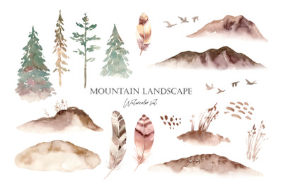 Trees and mountains landscape creator Watercolor tree, branches PNG
