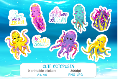 Cute octopuses Sticker pack Printable stickers png for kids