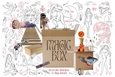 Magic box. Line art tattoo &amp; collage elements