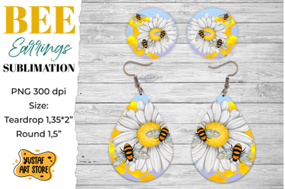 Bees and chamomile Earrings Sublimation PNG. Teardrop/Round