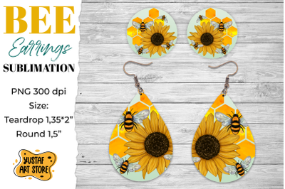 Bees and sunflower Earrings Sublimation PNG. Teardrop&2F;Round