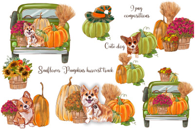 Sunflower pumpkin picking truck, Cute Dog Autumn PNG compositions