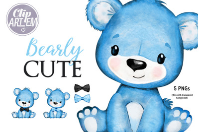 Cute Baby Blue Teddy Boy Bear watercolor 5 PNG Clip Art  images