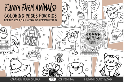 Funny Cute Kawaii Farm Animals&2C; Kids Activity Coloring Pages