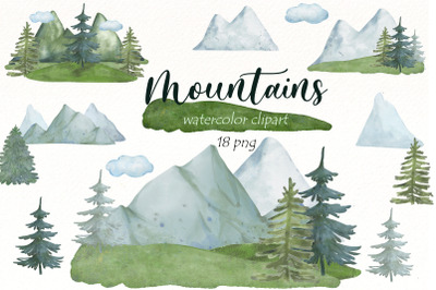 Trees png clipart I Watercolor Pine tree| mountains png.