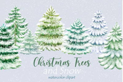 Watercolor Snowy Christmas Tree clipart, winter Pine trees.