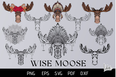 Vector set of Wise moose head with ornaments 10 variations