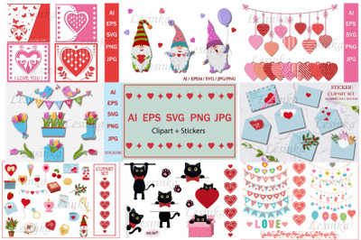 Bundle romance, clipart, stickers, papercut postcards
