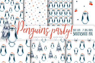 Watercolor cute christmas penguins seamless patterns