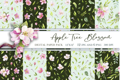 Apple tree blossom digital paper, flowers seamless pattern