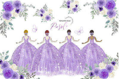 Lilac Purple Princess Dress Clipart, Lilac Purple Flowers,  Butterfly