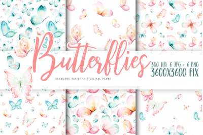 Watercolor butterfly patterns. Butterflies magic digital paper