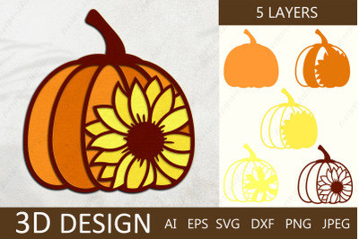 3d layered pumpkin with sunflower svg, Fall pumpkin paper cut