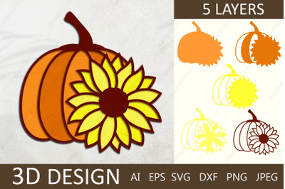 3d pumpkin and sunflower svg, Fall pumpkin layered paper cut