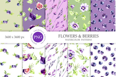 5 Seamless Patterns. PNG &amp; JPEG floral &amp; berries backgrounds