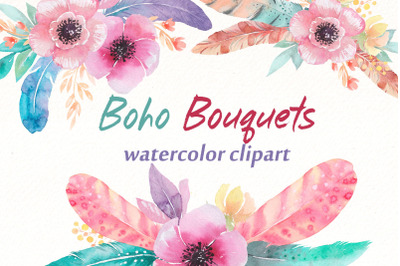 Watercolor Boho floral bouquets clipart bundle | Tropical flowers png.