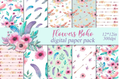 Watercolor Flowers Boho digital paper pack, floral scrapbooking.