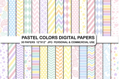 30 Pastel Rainbow Colors Digital Papers, Light Colors Papers