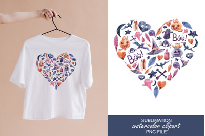 Watercolor Halloween cute heart sublimation / clipart