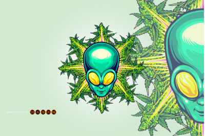 Alien head with cannabis leaf illustrations