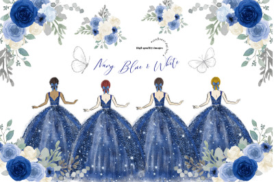 Navy Blue &amp; White Princess Dresses Clipart, Navy Blue Quinceaera